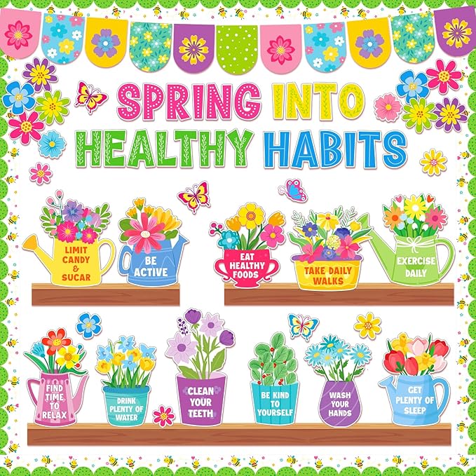 94 PCS Spring Bulletin Board Decoration - Flower Themed Classroom Decor Flower Bookshelf Bulletin Board Decor Spring into Healthy Habits for Offices Chalkboard Library Back to School Party Supplies