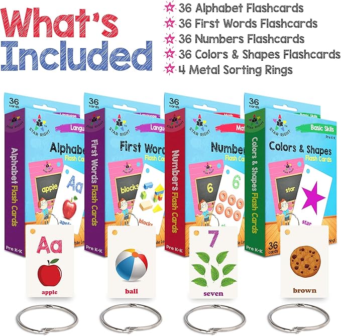 Star Right Flash Cards Set of 4 - Numbers, Alphabets, First Words, Colors & Shapes - Value Pack Flash Cards with Rings for Pre K - K
