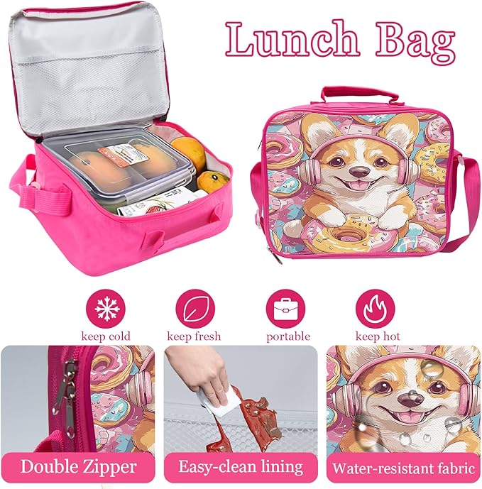 Corgi Donuts Backpack Set 3 Piece School Bags and Lunch Box with Pencil Case Pink Cartoon Dog Donut Animal Bookbag Set for Toddler Kids Girls Boys Teens Kindergarten Elementary Middle