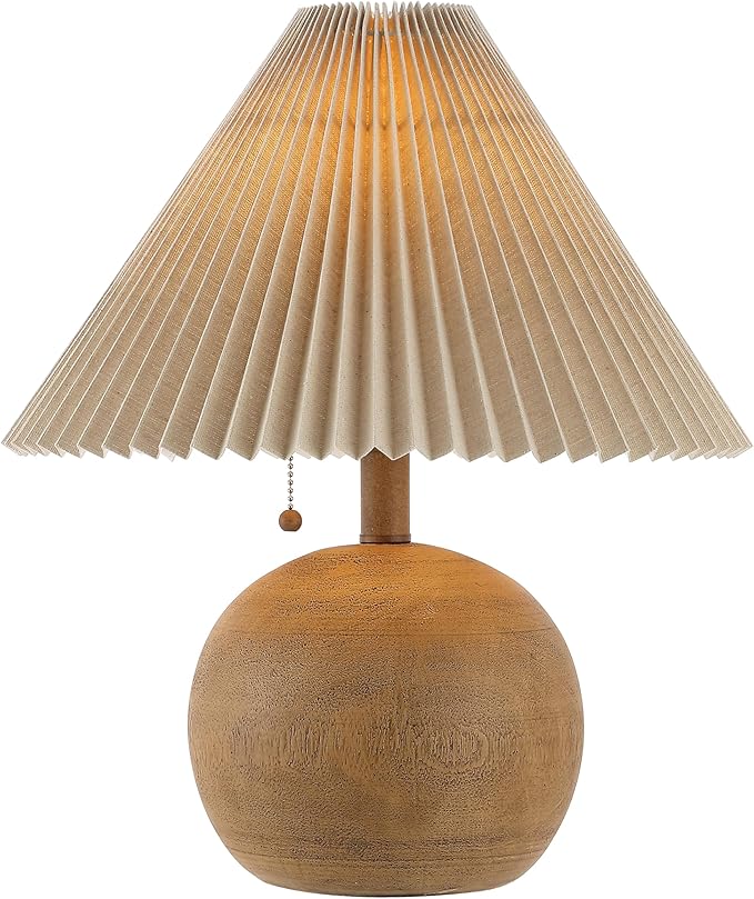 JONATHAN Y 17.25" Brown Wood Finish Sphere Table Lamp, Mid-Century Bedside Nightstand with Beige Pleated Linen Shade, Scandinavian Coastal Style, LED Bulb Included JYL1145A