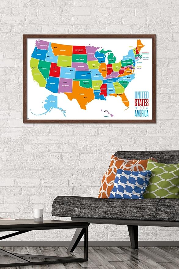 Trends International Map - United States Of America 2022 Wall Poster, 22.375" x 34", Mahogany Framed Version