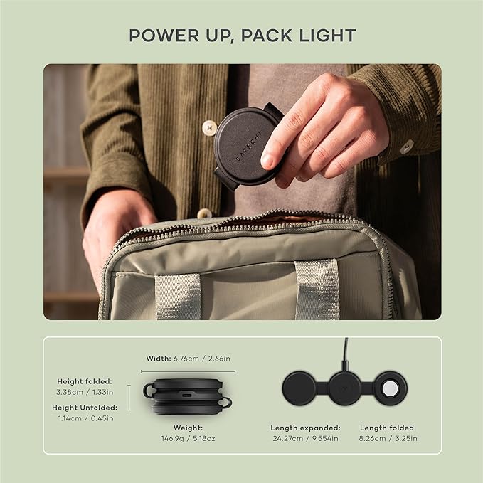 Satechi OntheGo™ 3 in 1 Wireless Charger, Qi2 Portable Charger with 15W Fast Charging for iPhone 17 to 12 Series, 5W for Apple Watch, and 5W for AirPods, Magnetic Travel Charging Station – Black