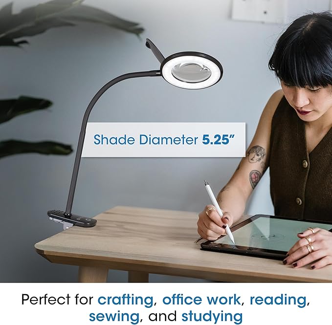 OttLite LED Lamp Clip On Magnifying Glass with Light – Optical Grade Magnification, Adjustable Arm, ClearSun LED Technology for Crafting & Needlework, Great Desk Lamp, Book Light, Reading Lamp