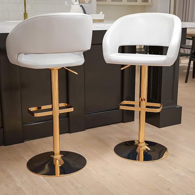 Flash Furniture Erik Comfortable & Stylish Contemporary Barstool with Rounded Mid-Back and Foot Rest, Adjustable Height - White Vinyl with Gold Base, Set of 2