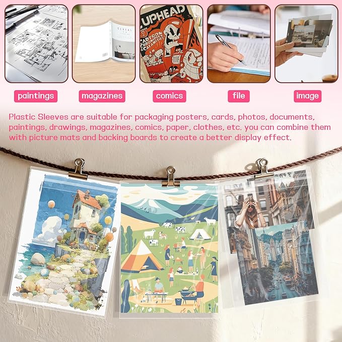 100 Pack 8 3/8 x 10 1/8 inches Crystal Clear Sleeves Storage Bags, Self Sealing Cellophane Bags Magazine Sleeves Protectors for 8x10 Photo Mats Art Prints Drawings