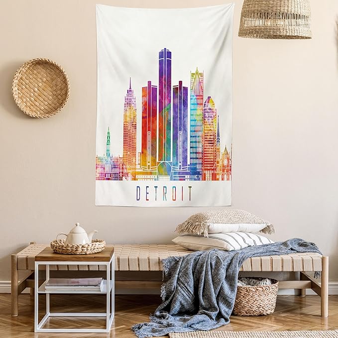 Ambesonne Detroit Tapestry Twin Size, Vibrant Colored Abstract Skyscrapers Modern Architecture Watercolor Style Landmarks, Wall Hanging Bedspread Bed Cover Wall Decor, 68" X 88", Ivory