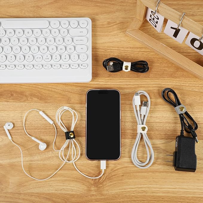 12 Pcs Cord Organizer, Stocking Stuffers for Men Portable PU Leather Cord Holder Winder Keeper Earphone Cable Cord USB Straps Earphone Winder with Leather Handmade(Black/White/Grey)