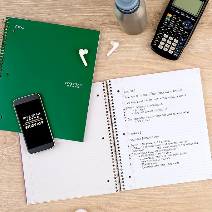 Five Star Spiral Notebook + Study App, 5 Subject, College Ruled Paper, 8-1/2" x 11", 200 Sheets, Fights Ink Bleed, Water Resistant Cover, Forest Green (72079)