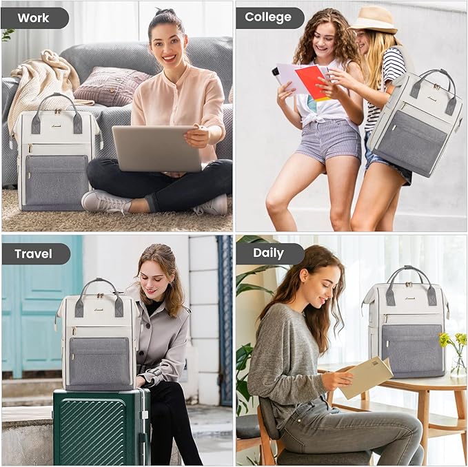 LOVEVOOK Laptop Backpack for Women, 17 Inch Work Teacher Nurse Bag, Large Capacity Business Computer Backpack Purse with USB Port, Stylish Casual Daypack for Travel,Beige&Grey