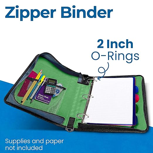 Case-it Classic Zipper Binder | 2-Inch O-Rings, 350 Sheet Capacity, Multiple Storage Pockets & Shoulder Strap | School & Office Organizer | D-251 Canopy Green | 6 Pack