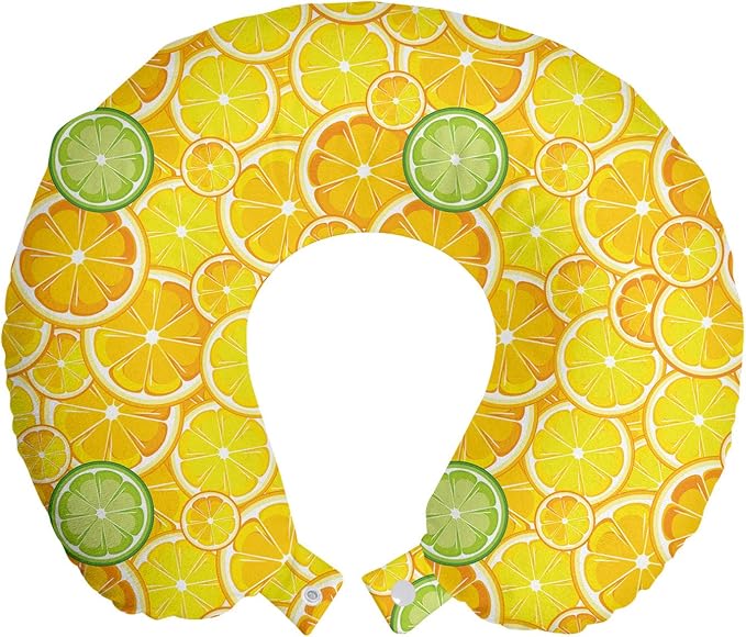 Ambesonne Yellow Travel Pillow Neck Rest, Lemon Orange Lime Fruit Citrus Round Cut Circles Big and Small Pattern, Memory Foam Traveling Accessory for Airplane and Car, 12", Yellow White