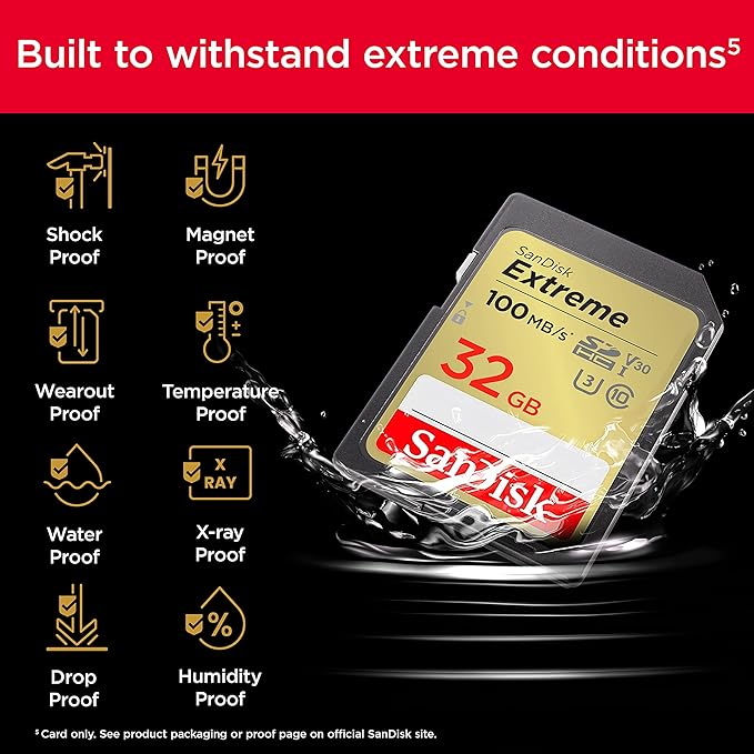 SanDisk 32GB Extreme SDHC UHS-I Memory Card - C10, U3, V30, 4K, UHD, SD Card - SDSDXVT-032G-GNCIN