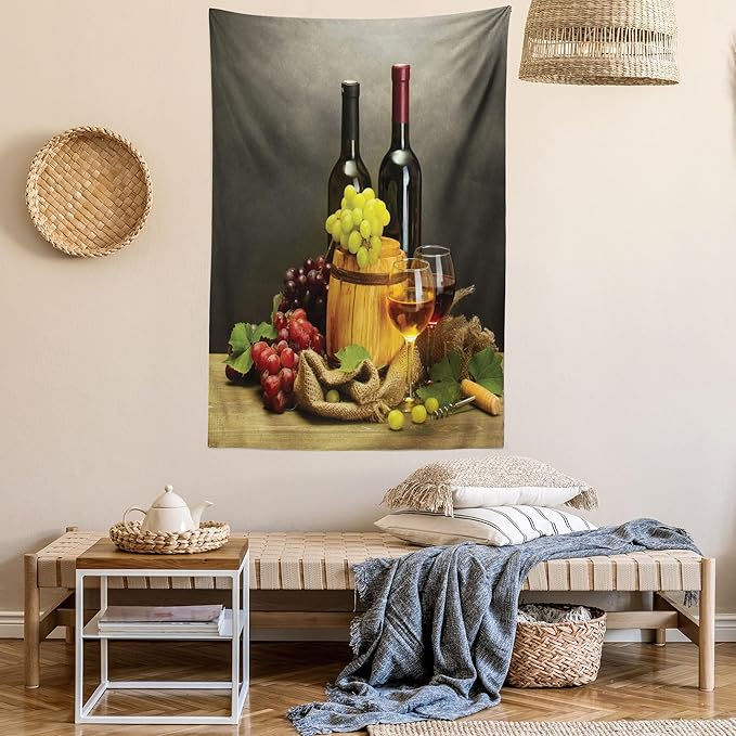 Ambesonne Winery Tapestry, Cask Bottles and Glasses of Wine and Ripe Grapes on Wooden Table Picture Print, Fabric Wall Hanging Decor for Bedroom Living Room Dorm, 23" X 28", Grey Taupe