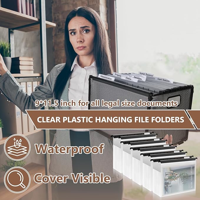 10 PCS 4 Inch Extra Capacity Hanging File Folder Plastic Letter Size Filing Cabinet Reinforced Hang Folders with Heavy Duty 4 Inch Expansion Black Insert Gasket 8.5” X 14” for Insertable Tabs