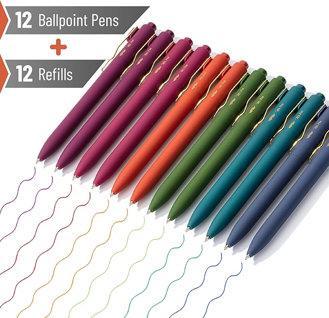 Mr. Pen- Ballpoint Pens with Case, 12 Pack, Colorful Ink, 12 Refills, 0.7mm Cute Ballpoint Pens Assorted Color Ink
