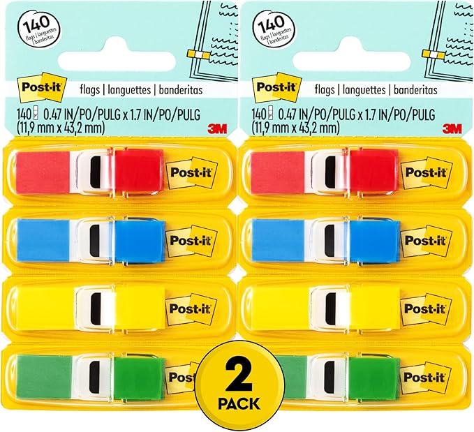 Post-it Flags, 35/Dispenser, 4 Dispensers, 47 in Wide, Assorted Primary Colors (683-4) (Pack of 2)