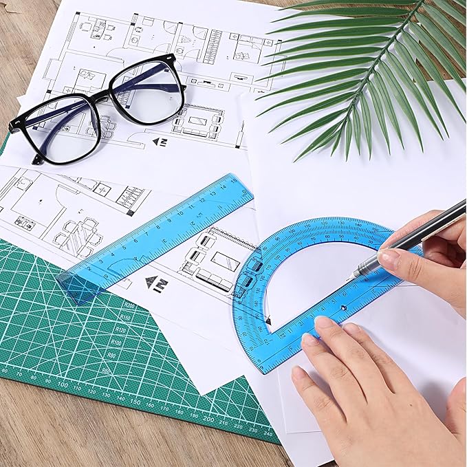 2Pcs 6 Inch Plastic Protractor and 6 Inch Plastic Ruler Set, Student Geometry Math Transparent Measuring Tools for Classroom School Office Supplies Drawing Measuring (Blue)