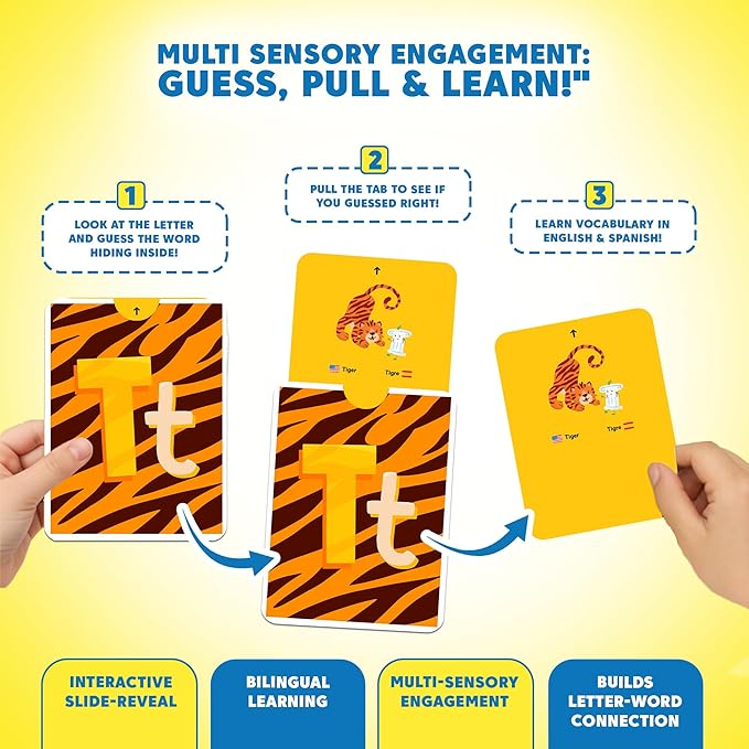 Kidrox Alphabet Flash Cards, ABC Learning Cards with Interactive Pull Tabs, English Cards Plus Spanish Translations