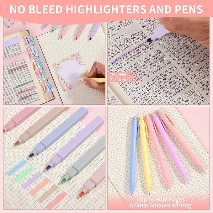 Bible Study Supplies Journaling Kit for Women, Bible Study Kit with 11 No Bleed Highlighters and Pens, 1 Sticky Notes of 30 Pages, 1 Index Stickers of 4 Colors, 105 Tabs for Christian Gifts
