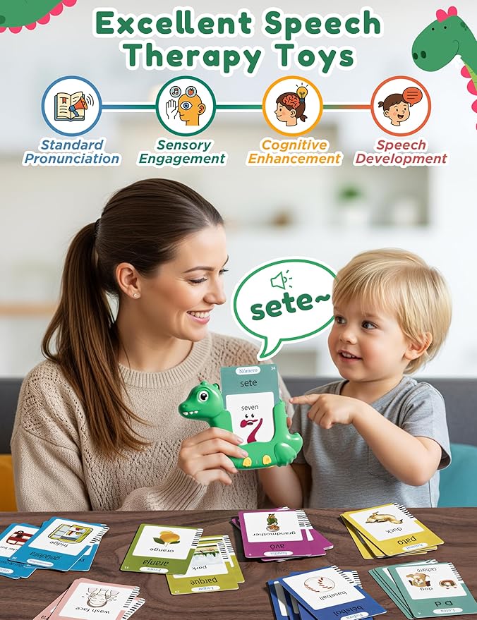 Portuguese and English Talking Flash Cards for Kids, 510 Sight Words Bilingual Learning Toys for Toddlers, Portuguese Alphabet Flashcards Pocket Speech Therapy Toys, Dinosaur Shaped
