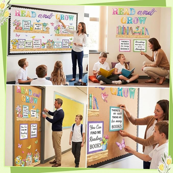 Qilery Read and Grow Spring Bulletin Board Set Classroom Decorations - Floral Book Cutouts for Reading Corner Library - Motivational Literacy Wall Art for Elementary School Teachers & Counselors