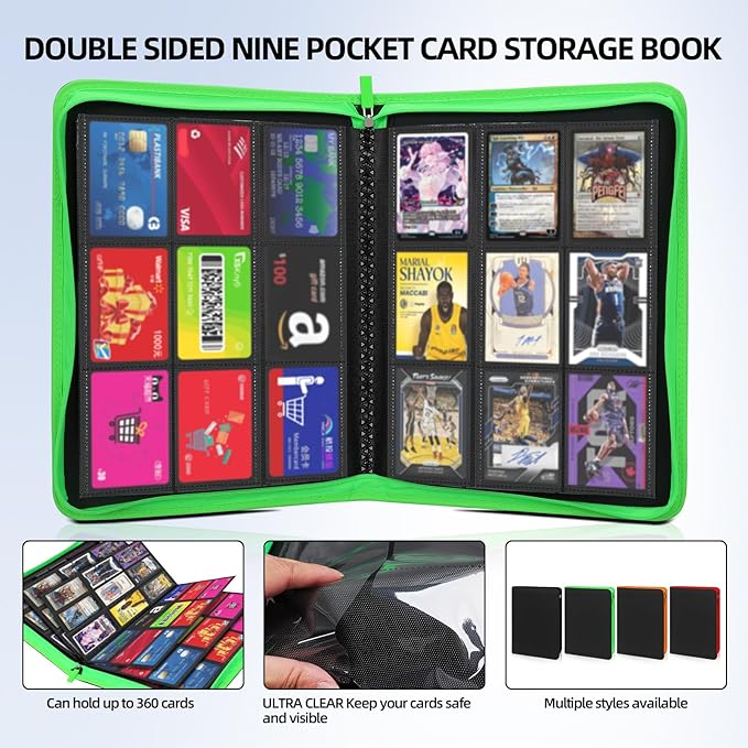 Premium Trading Card Storage Album,9 Pocket 40 Side Pages, 360 Cards,Black Zipper Binder for Collectible Games, Sports Card Organization&Protection (Black Red)