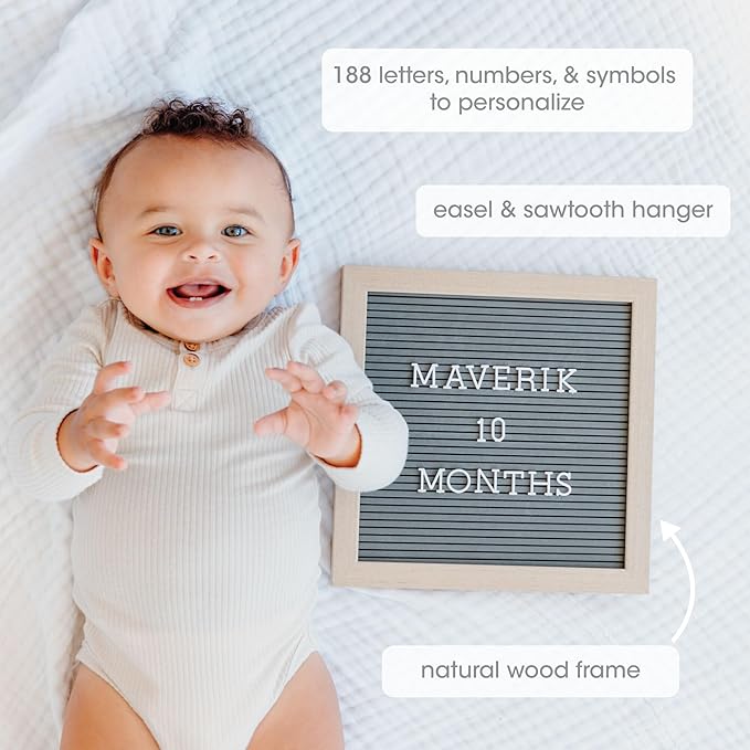 Pearhead Felt Wooden Letterboard Set - Ideal Photo Sharing Prop for Baby Announcements, Milestone Keepsake, Custom Message Board and Shower Gift - Includes 188 Letters, Numbers, and Symbols - Gray