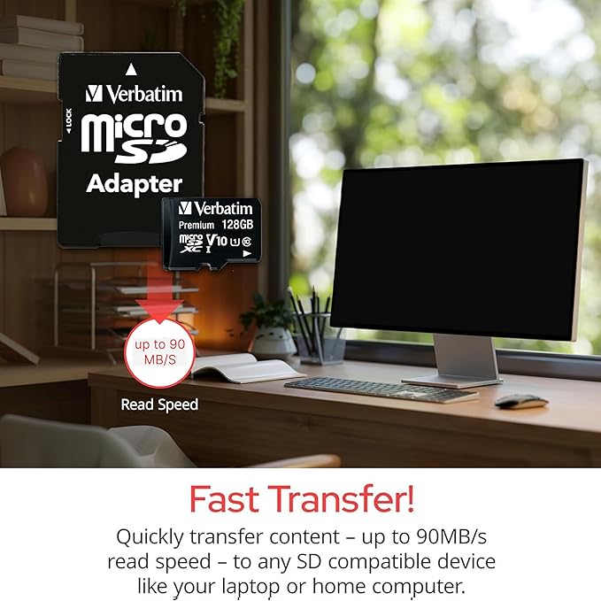 Verbatim 128GB Premium microSDXC Memory Card with Adapter UHS-I V10 Class 10 Supports Full HD (1080p) U1 Speed Rated Up to 90MB/s Read Speed