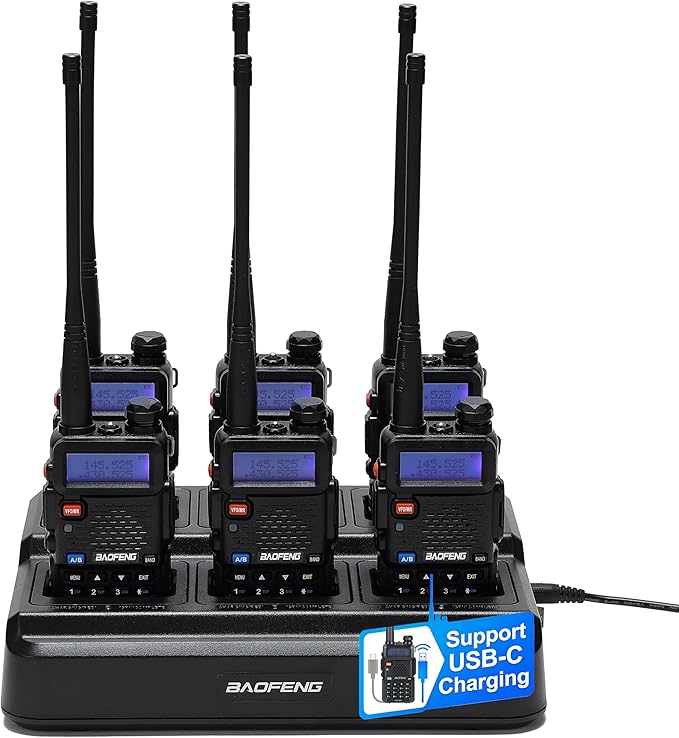 Baofeng UV-5R Dual Band Two Way Radio Handheld Ham Radio Long Range Walkie Talkies Pack of 6 for Hiking Camping Hunting Skiing Trip(Black) with 6 Way Charger, USB-C Charge Battery