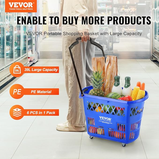 VEVOR 6 PCS Shopping Baskets, 39L Large Plastic Rolling Shopping Basket with Wheels, Shopping Carts with Handles, Portable Shopping Basket Set for Supermarkets, Grocery Shopping, Retail Stores, Blue