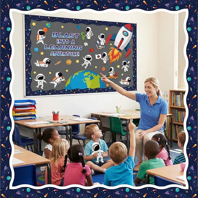 Outer Space Bulletin Board Decorations Set, 118 Pcs Classroom Decor Astronaut Planet Cutouts Kids with Galaxy Borders Space Themed Back to School Decorations for Classroom Chalkboard Decoration