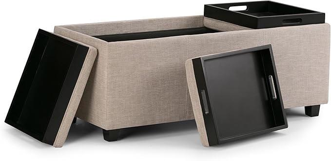 SIMPLIHOME Avalon Storage Ottoman - 42 inch Wide Upholstered Linen Look Fabric Rectangular Flip-Top Ottoman in Natural, Contemporary Coffee Table Ottoman for Living Room with Hidden Storage