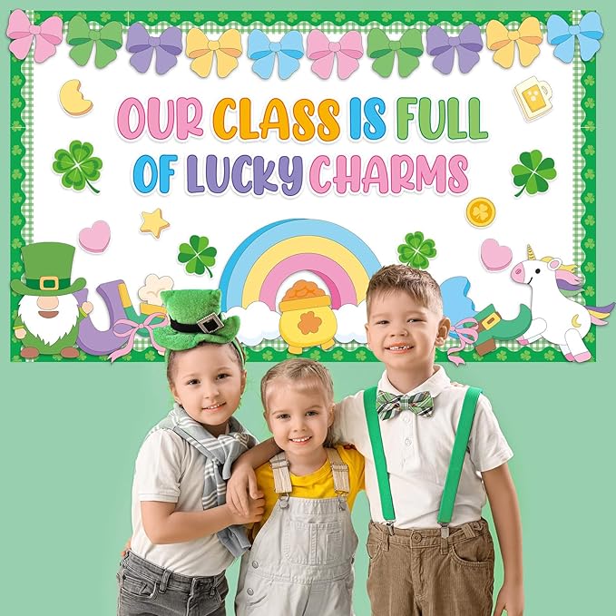 St. Patrick's Day Bulletin Board Decoration March Bulletin Board Set Lucky Shamrock Gold Coin Colorful Bows Paper Cutouts for St. Patrick Party Supplies School Classroom Chalkboard Wall Door Decor
