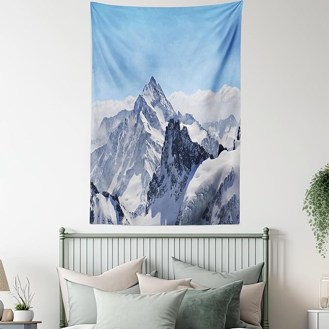 Ambesonne Winter Tapestry, Snowy Rocky Mountain Peaks Tops Scene High Lands ICY Frozen Swiss Outdoor Art, Wall Hanging for Bedroom Living Room Dorm Decor, 60" X 80", Blue and White