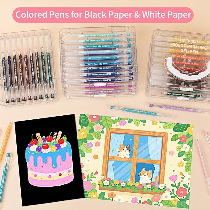 Gel Pens For Coloring, 72 Pack Colored Pens for Black Paper & White Paper, 0.6MM Fine Point Pens for Coloring, Writing, Drawing, Journaling, Note Taking, Office, Home
