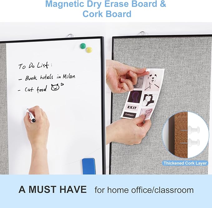 ARCOBIS Cork Board White Board Combo, 36"X24" Linen Bulletin Board Whiteboard for Wall, Magnetic Dry Erase Corkboard for Home, Office, School, Grey