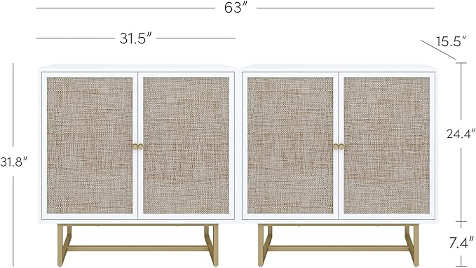 Nathan James Kova Rattan Wood Accent Natural Sideboard Storage Cabinet TV Stand with Matte Metal Frame, Adjustable Shelves and Cane Doors, for Hallway, or Living Room, White/Cane/Brass, Set of 2