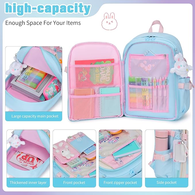 Backpack for Girls Cute Bookbag Set with Lunch Box Pencil Case Kawaii Bunny School Backpacks for Girl 3 Pcs Kindergarten Elementary Preschool Middle Sequin School Bag for Girls (Bluepink)