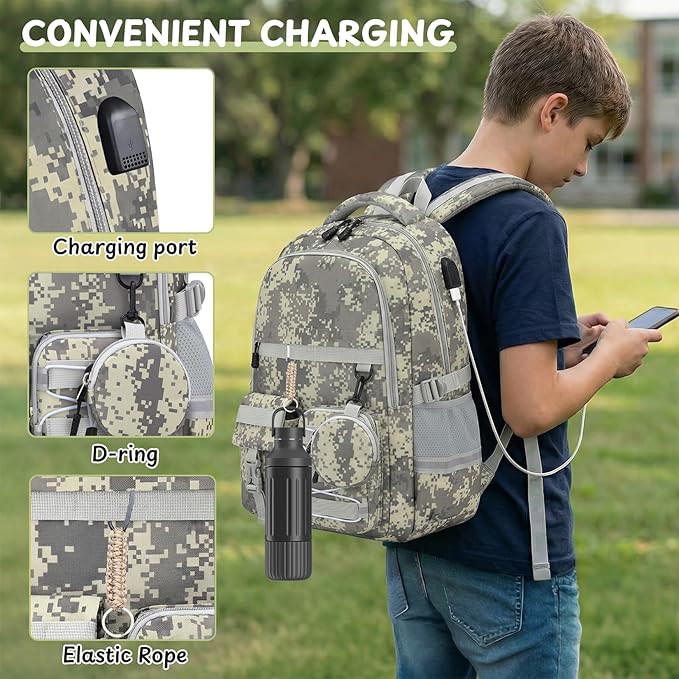 School Backpack for Boys - 5pcs Camo Boys Backpack with Lunch Box Set for Kids Teens Elementary Middle High School,18″ Large Capacity Students Bookbag