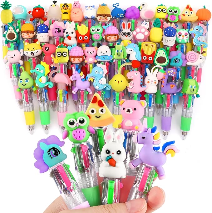 arscniek 60Pcs Multicolor Pen in One, 4-in-1 0.5mm Fine Point Cute Pens, Fun Kawaii Ballpoint Pen for Children's Party Favors, Classroom Prizes, Teacher School Supplies, Bulk Gifts for Students