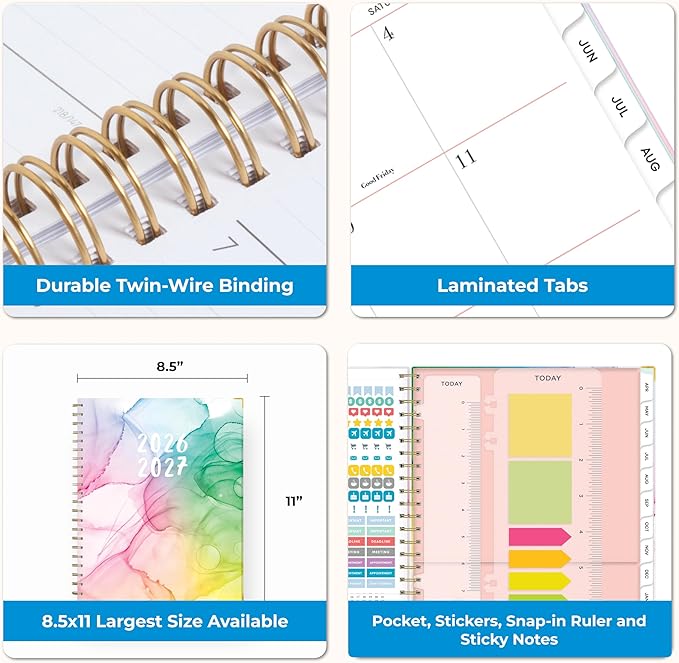 Blue Sky 15 Month 2026-2027 Weekly and Monthly Academic Year Planner Calendar, April 2026 - June 2027, 8.5" x 11", Hard Cover, Wirebound, Laminated Tabs, Storage Pocket, Includes Snap-in Ruler w/Sticky Notes & Sticker Sheet, Rainbow Ink