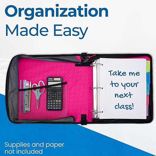 Case-it Classic Zipper Binder | 2-Inch O-Rings, 350 Sheet Capacity, Multiple Storage Pockets & Shoulder Strap | School & Office Organizer | D-251 Magenta