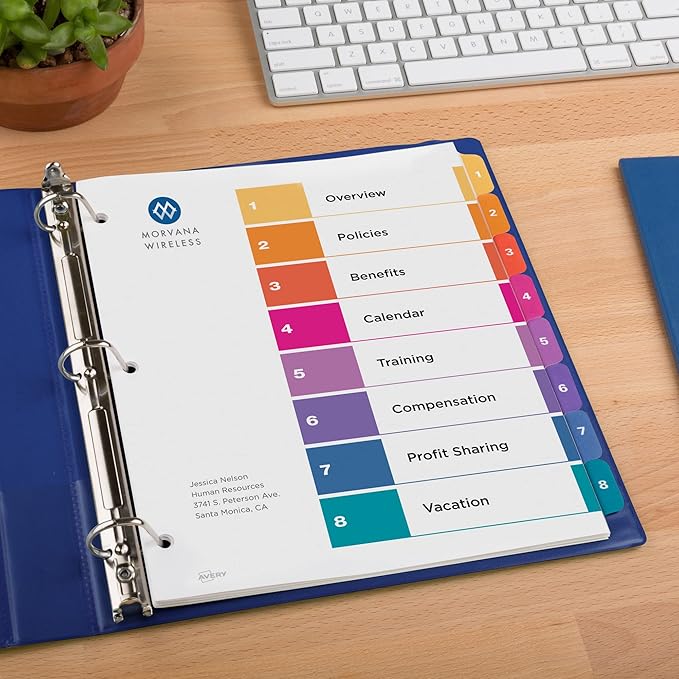 Avery 8 Tab Dividers for 3 Ring Binders, Customizable Table of Contents, Multicolor Tabs, 6 Sets (11186)