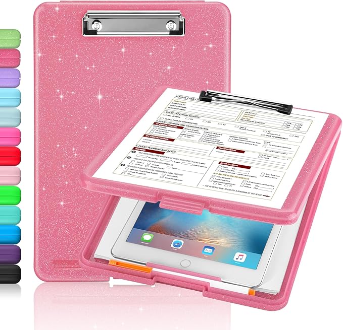 Sooez Glitter Clipboard with Storage, Cute Clip Boards 8.5x11 with Storage, Sparkle Plastic Clipboard Folder for Women, Nurse Accessories Essentials, Office & School Supplies, Letter Size A4, Rose Red