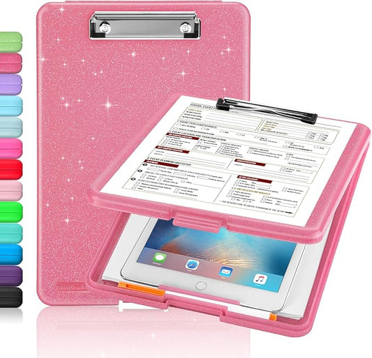Sooez Glitter Clipboard with Storage, Cute Clip Boards 8.5x11 with Storage, Sparkle Plastic Clipboard Folder for Women, Nurse Accessories Essentials, Office & School Supplies, Letter Size A4, Rose Red