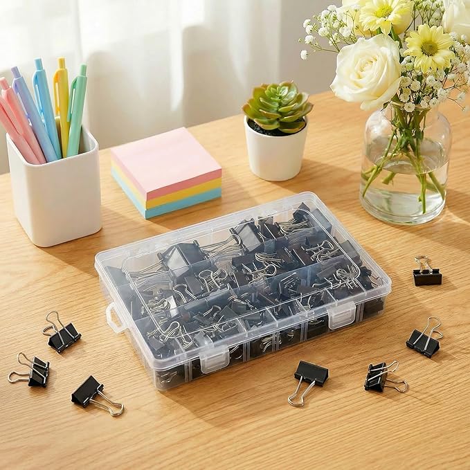 180 Pcs Binder Clips Assorted Sizes, Black Binder Paper Clips Office Clips Office Supplies, 4 Sizes Cute Binder Clips Large Medium Small Paper Clips Paper Clamps for Home School Business (Black)