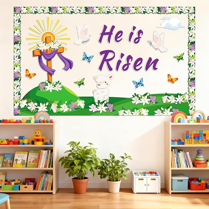 Easter Bulletin Board Decorations, 59Pcs Christian Bulletin Board Sets, He is Risen Bulletin Board Decorations, Cross Butterflies Floral Easter Religious Decorations for Sunday School Church Decor
