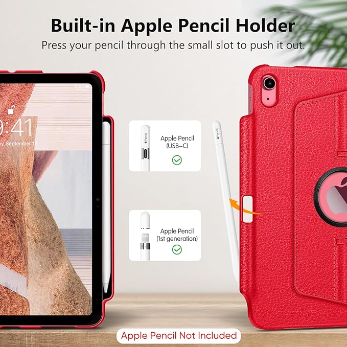 Fintie Rotating Case for iPad (A16) 11th Generation 11 Inch (2025), iPad 10th Generation 10.9 Inch (2022) - [Built-in Pencil Holder] 360 Degree Rotating Protective Stand Cover, Red