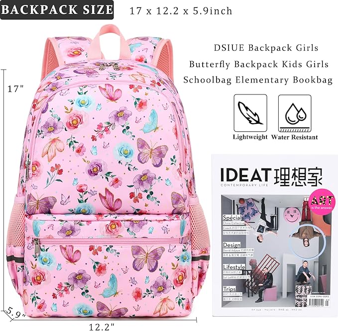 DSIUE Kids Backpack for Girls Elementary BookBags Teens Middle School Backpack with Lunch Box Butterfly Pink