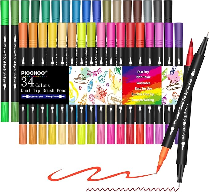 Coloring Markers Pens, 34 Dual Tip Brush Pens, Fine Point Marker set for Adult Coloring Book, Bullet Journaling, Drawing